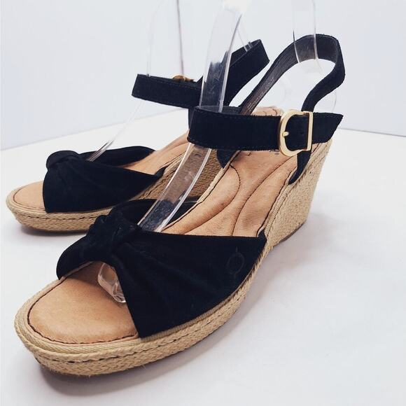 Born Monticello Knotted Wedge Espadrille Sandals Suede Leather 9 Open Toe Black - Picture 2 of 13